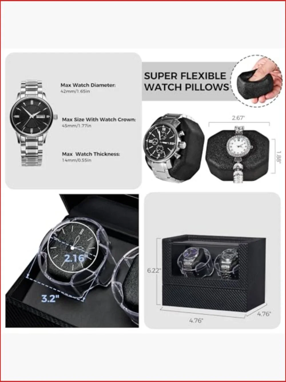 Double Watch Winder with Ultra-Silent Japanese Motor, 4 Modes